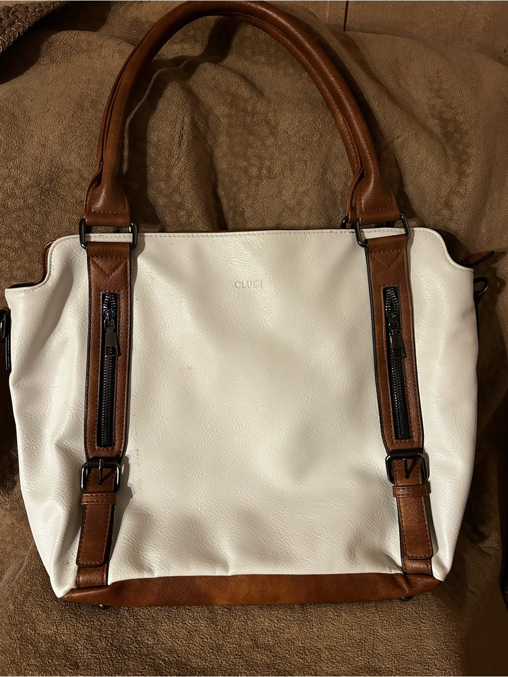 Amazon White and Brown Leather-Trim Shoulder Tote